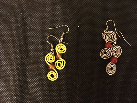 Repurposed Paperclip Earrings, Double Spiral With Bead