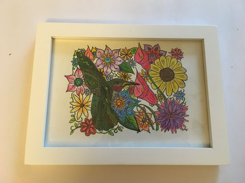 "Hummingbird in the Flowers" Original Framed Illustration